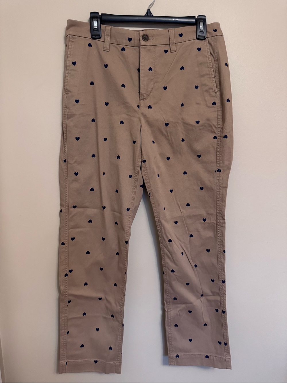 J. Crew Women’s High Rise Girlfriend Tan Chinos with Navy Heart Print